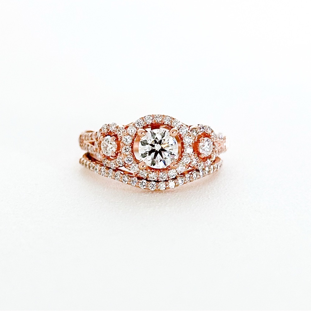 Rose Gold 14K Three Stone Diamond Halo Pave Engagement Ring Wedding Band Set